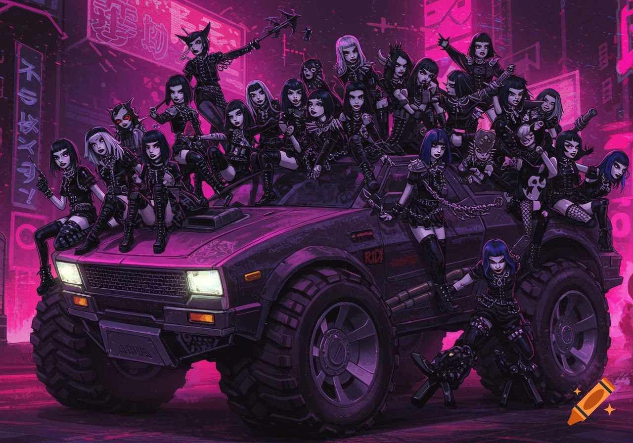 A large group of goth girls on and around a heavily modified purple off-road vehicle in a neon pink cyberpunk city.