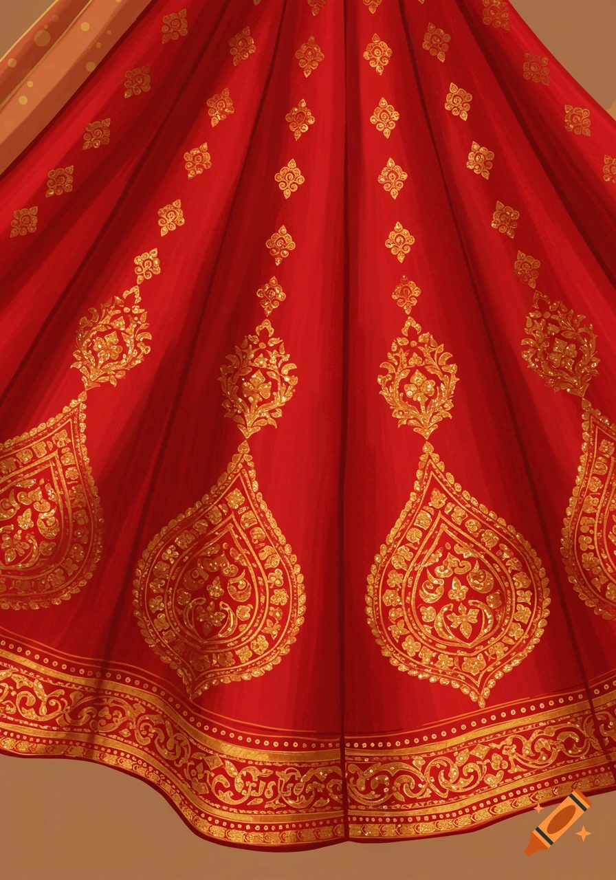 Close-up of a vibrant red fabric, possibly a lehnga, adorned with intricate gold embroidery and patterns.