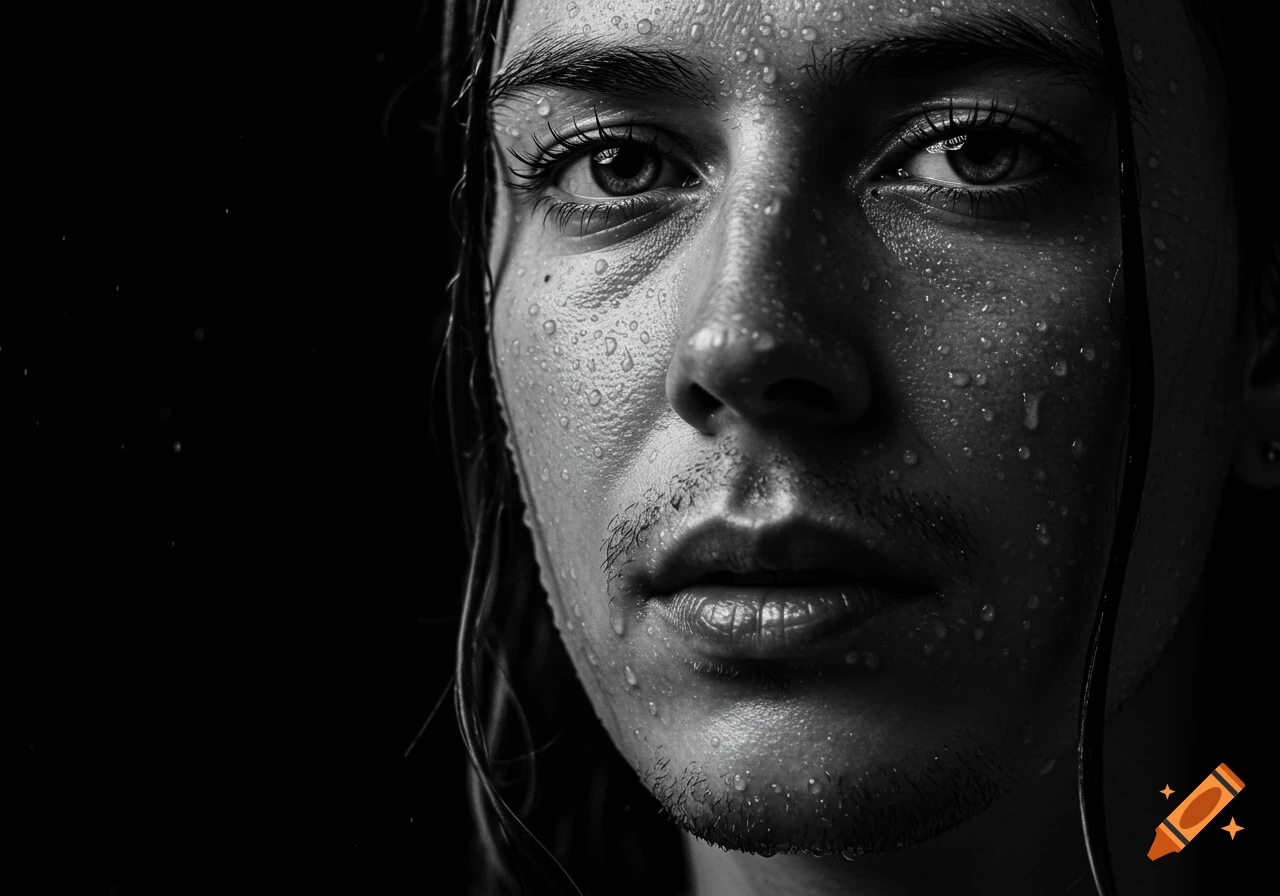 Close-up black and white portrait of a person's face covered in water droplets with a dark background.
