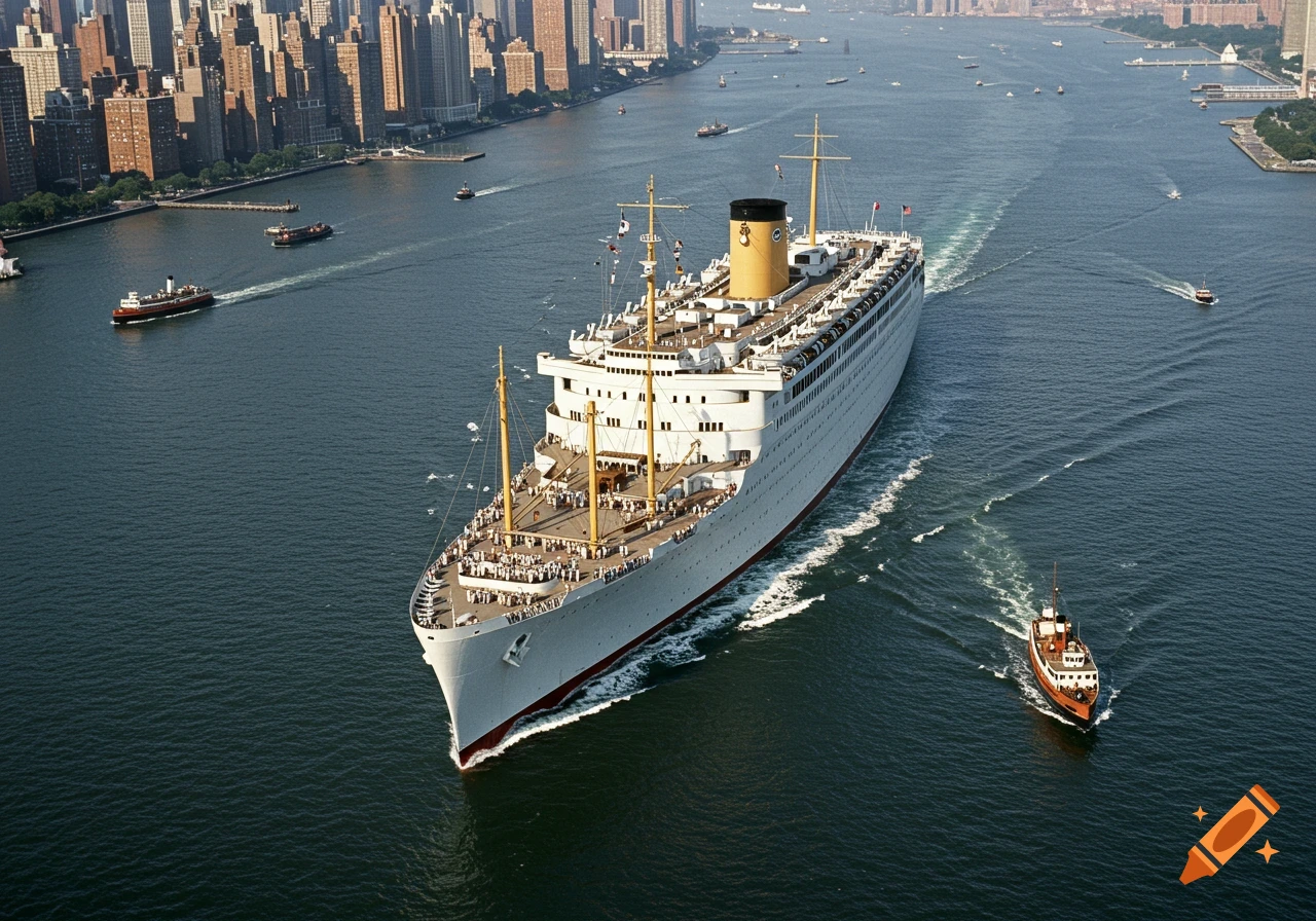 A large white and yellow cruise ship, the SS United States, sails through New York Harbor with a cityscape in the background.