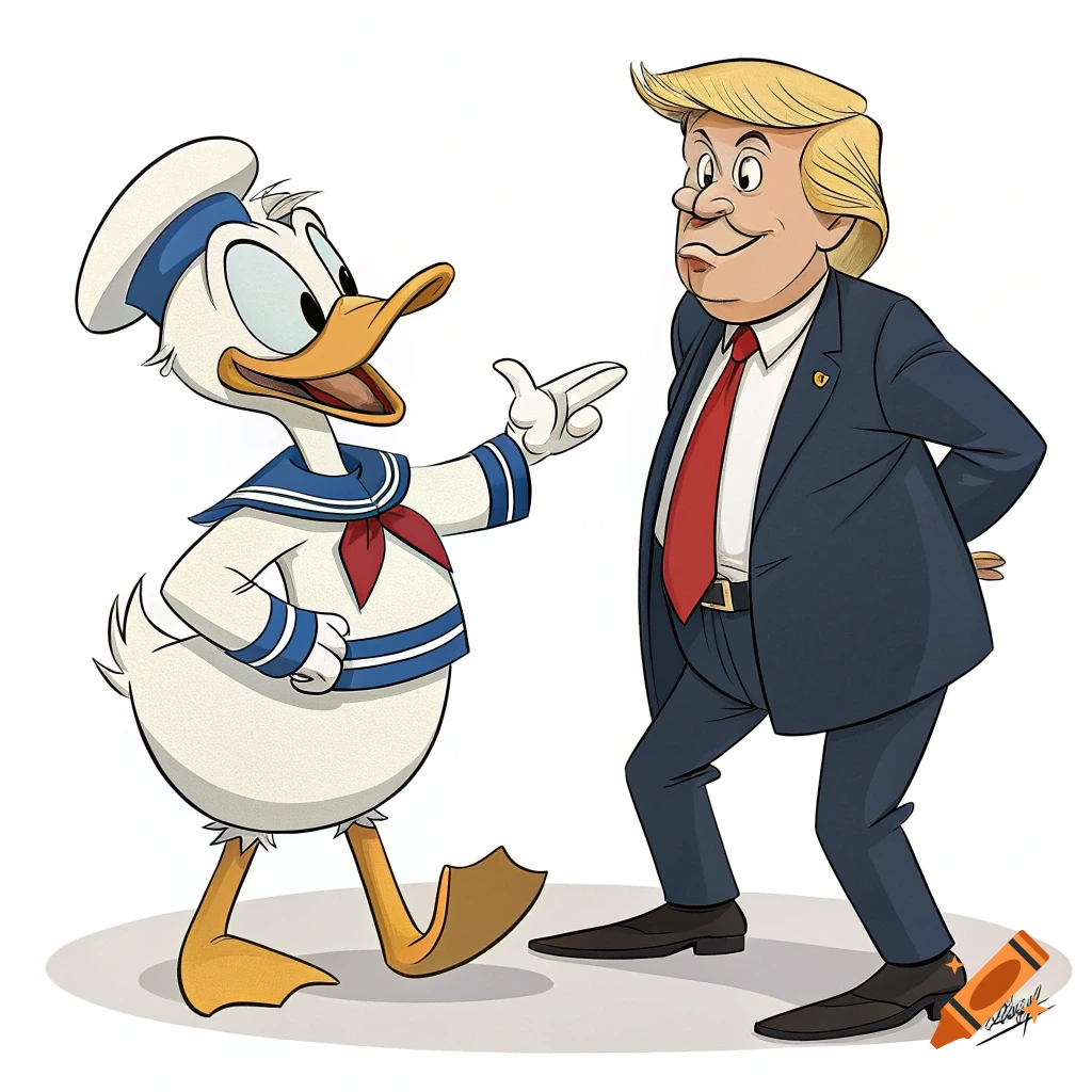 Donald Duck points at Donald Trump in a stylized cartoon illustration.