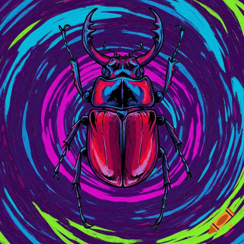A stylized red and blue beetle with large horns on a swirling, vibrant background of purple, turquoise, and neon green.