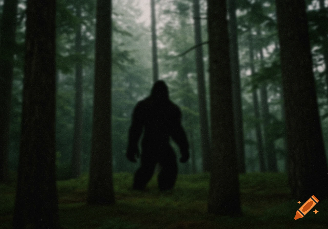 A blurry silhouette of Bigfoot stands centered in a foggy, dark forest, resembling an old, low-quality photograph.