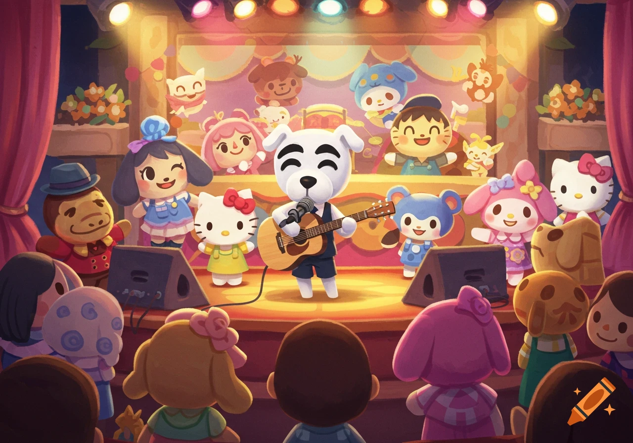 K.K. Slider from Animal Crossing plays guitar and sings on a brightly lit stage for an audience of Hello Kitty and other cartoon characters.
