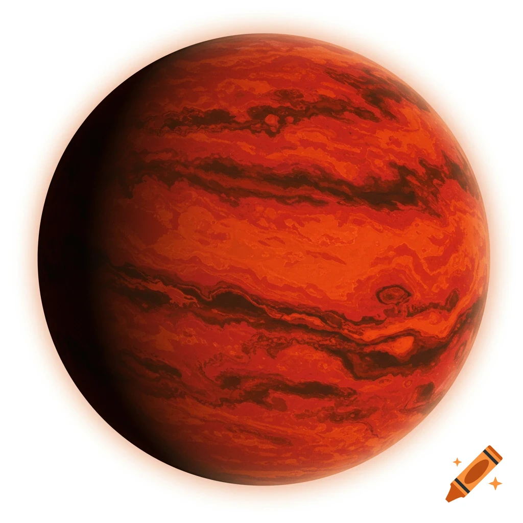 A vibrant red and black banded planet with a glowing aura, set against a transparent background.