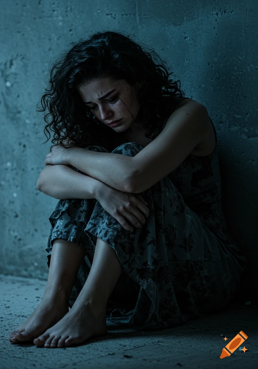 A photorealistic image of a woman sitting on a concrete floor, hunched over and crying, with tears and dirt on her face.