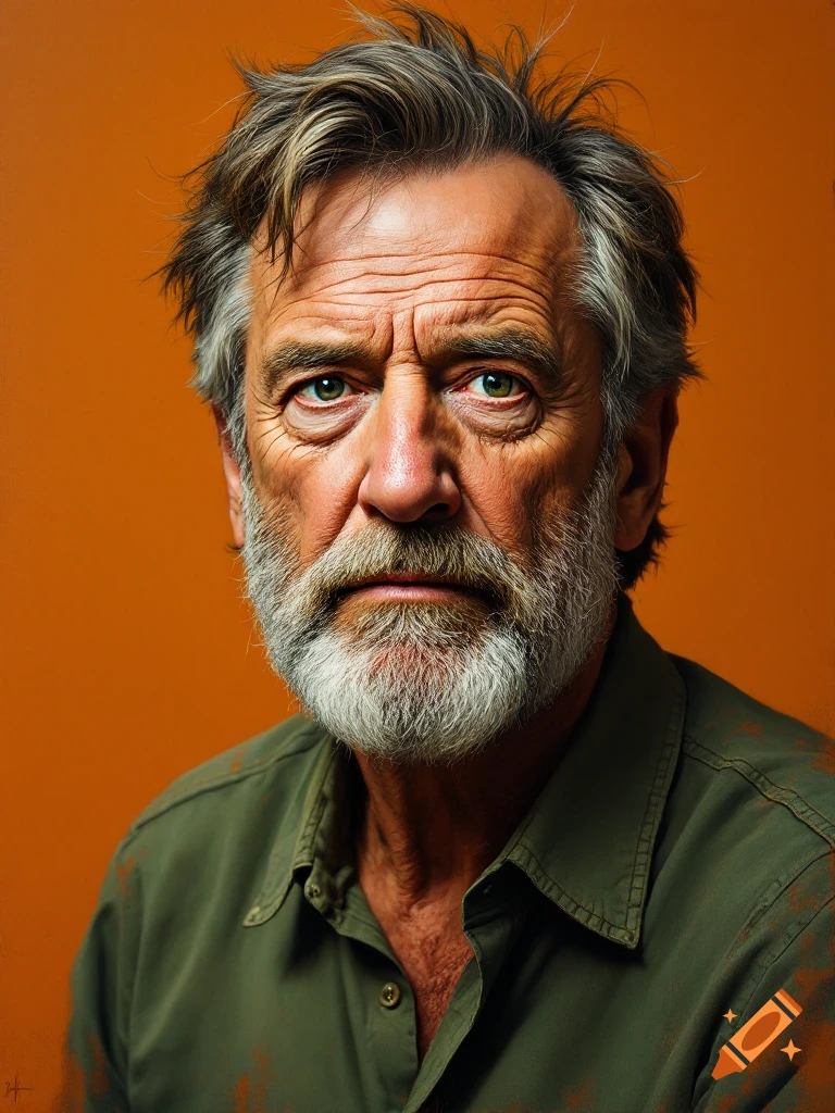 A realistic painterly portrait of an older man with a gray beard, tousled hair, and expressive face, wearing a green shirt against an orange background.