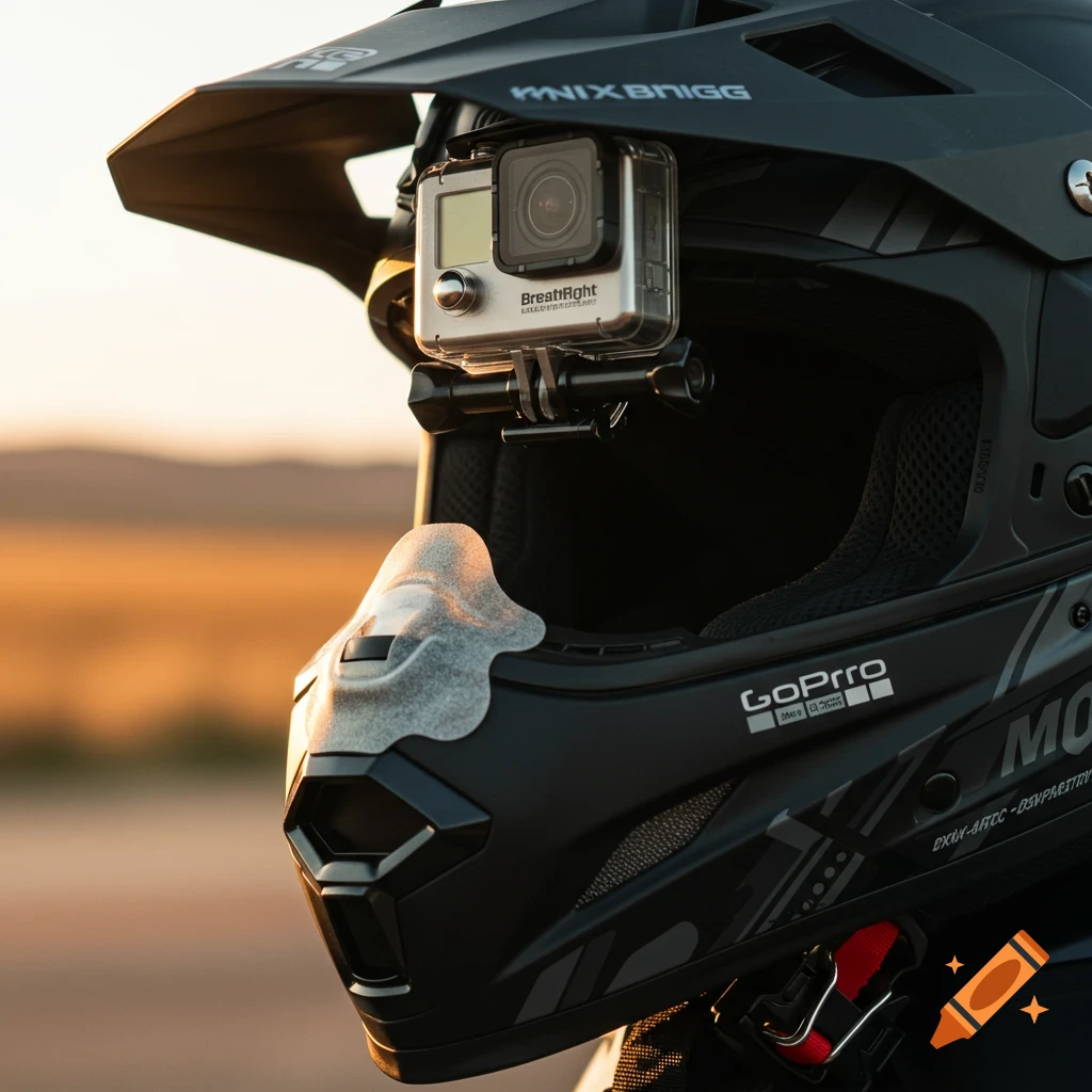 Close-up of a black motocross helmet with a GoPro camera and a BreathRight strip, against a sunset background.