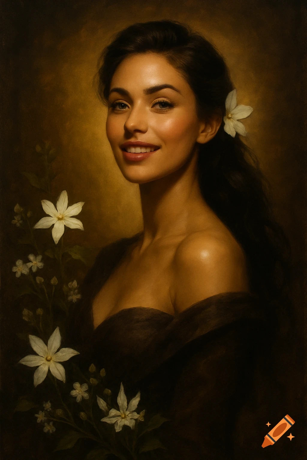 A smiling woman with dark hair and a white flower in her hair is framed by white flowers and vines against a dark, painterly background.