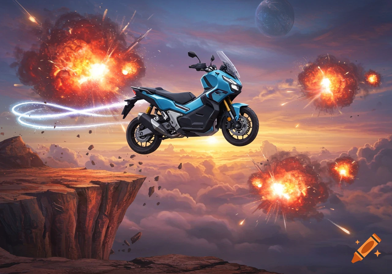 A pearl blue Honda ADV 160 motorcycle jumping off a cliff with explosions in the background, in a fantasy art style.