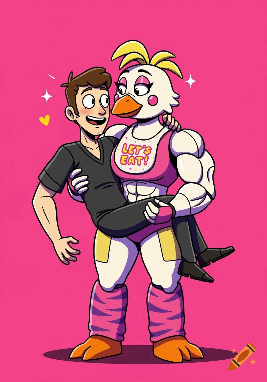 A muscular anthropomorphic chicken character, Funtime Chica, wearing a bib that says 'LET'S EAT!', carries a smaller man in her arms. The cartoon image features a pink background.