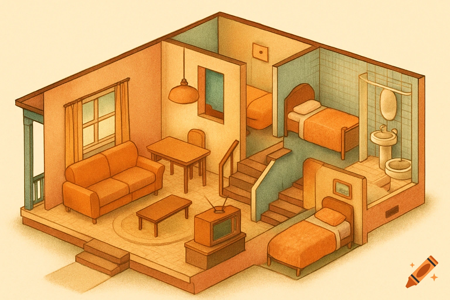 An isometric 3D cutaway view of a bi-level house, showing a living room, dining area, two bedrooms, and a bathroom in a dreamy retro style.
