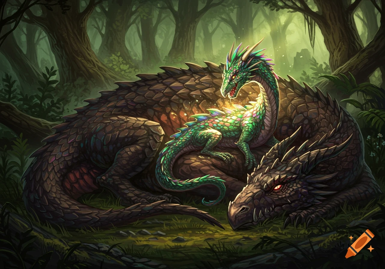 A large brown dragon rests in a mystical forest with a vibrant green, smaller dragon perched on its back, glowing faintly.