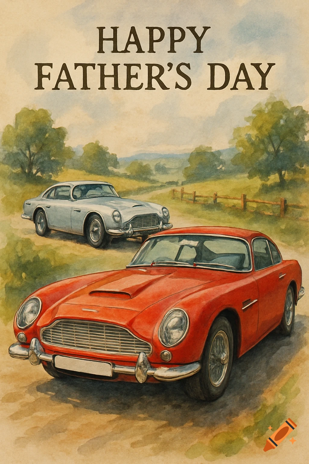 Watercolor Father's Day card with red and silver classic Aston Martin cars on a dirt road, text 'HAPPY FATHER'S DAY' at top.