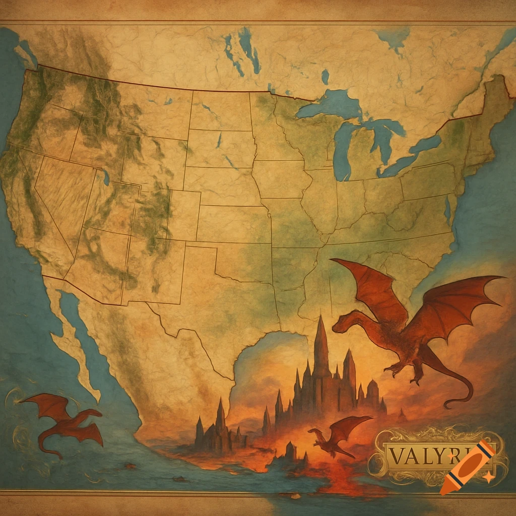 A stylized old map of the United States with the southwestern region depicted as Valyria, showing dragons and a burning city.