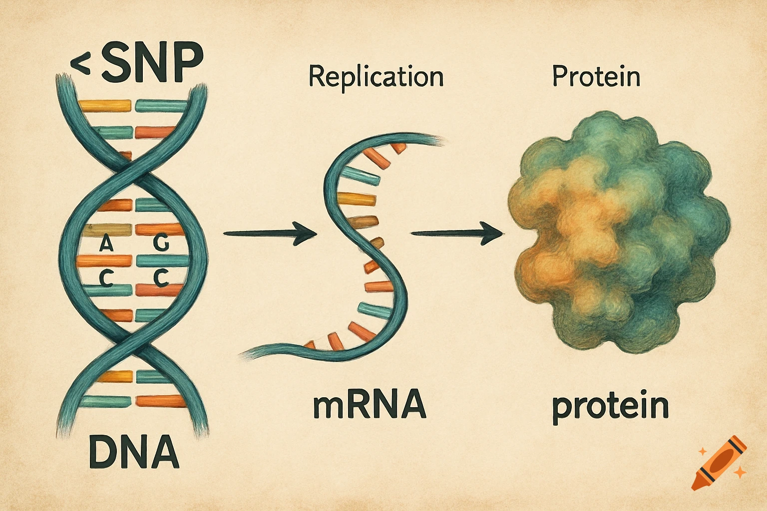 A scientific diagram illustrating DNA replication, mRNA transcription, and protein synthesis, with labels for DNA, mRNA, protein, and SNP.
