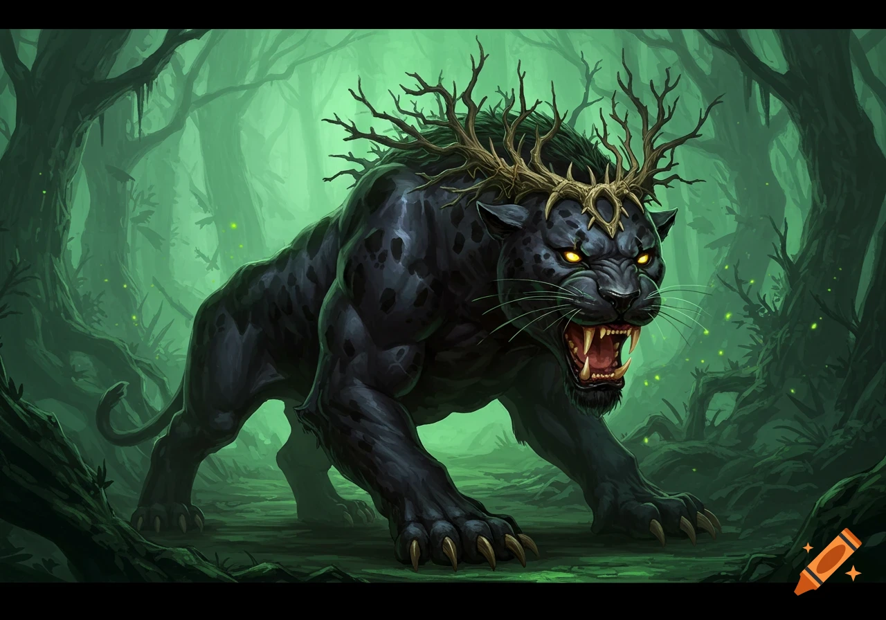 A fearsome black panther-like forest monster with glowing yellow eyes and antlers made of branches, roaring in a misty green forest. Digital art.