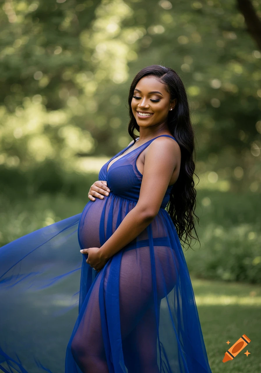 A smiling pregnant woman in a flowing sheer blue dress holds her belly, standing in a soft-focus green outdoor setting.
