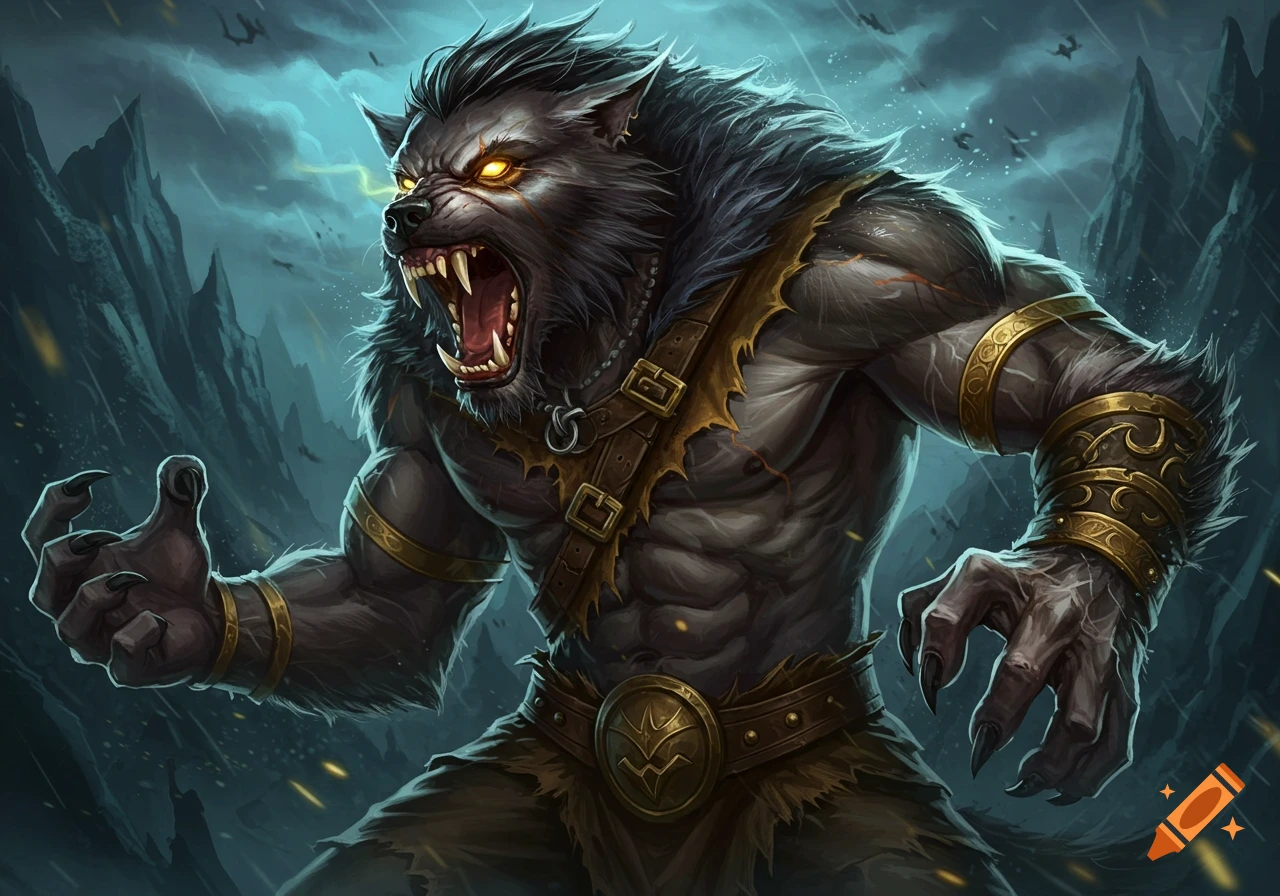 A fierce, muscular werewolf with glowing eyes and bared fangs stands in a stormy mountain landscape.