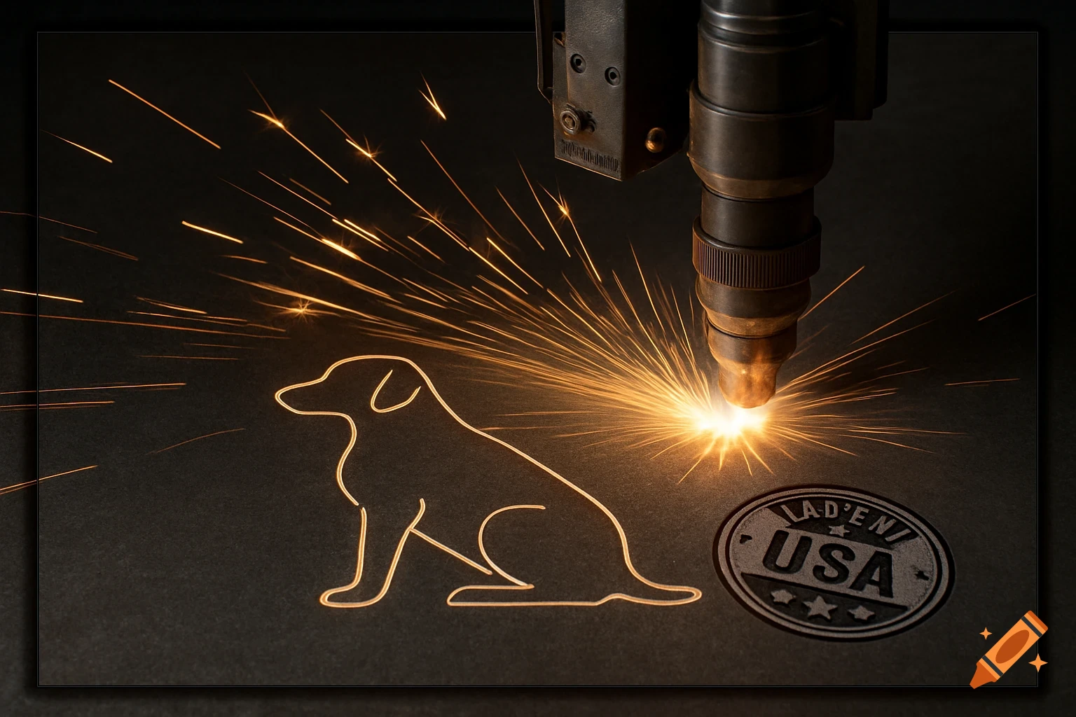 A CNC plasma machine cuts a dog outline into metal with bright sparks, next to a 'LAD'EN USA' badge.