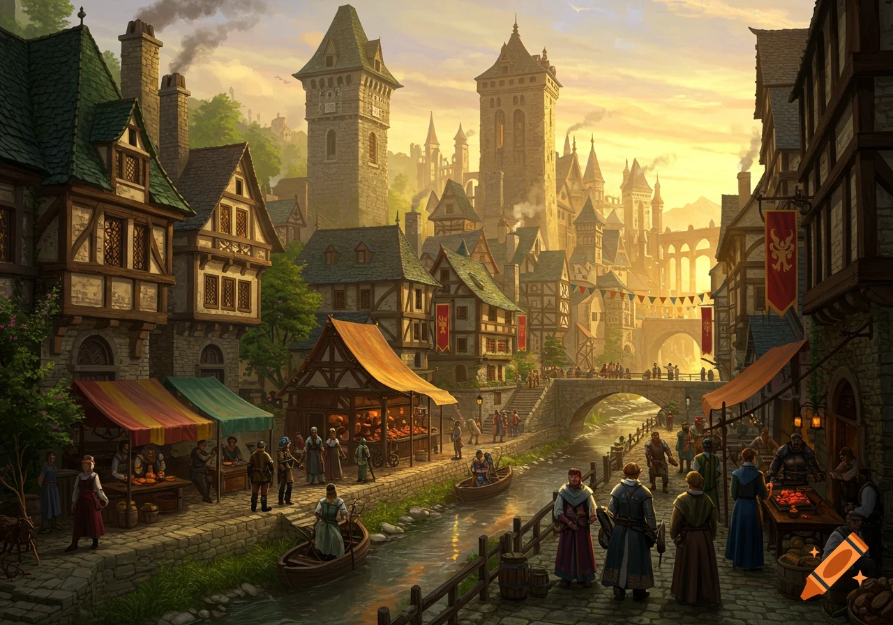 A detailed painting of a bustling medieval fantasy village with people, market stalls, and boats on a river, under a golden sky.