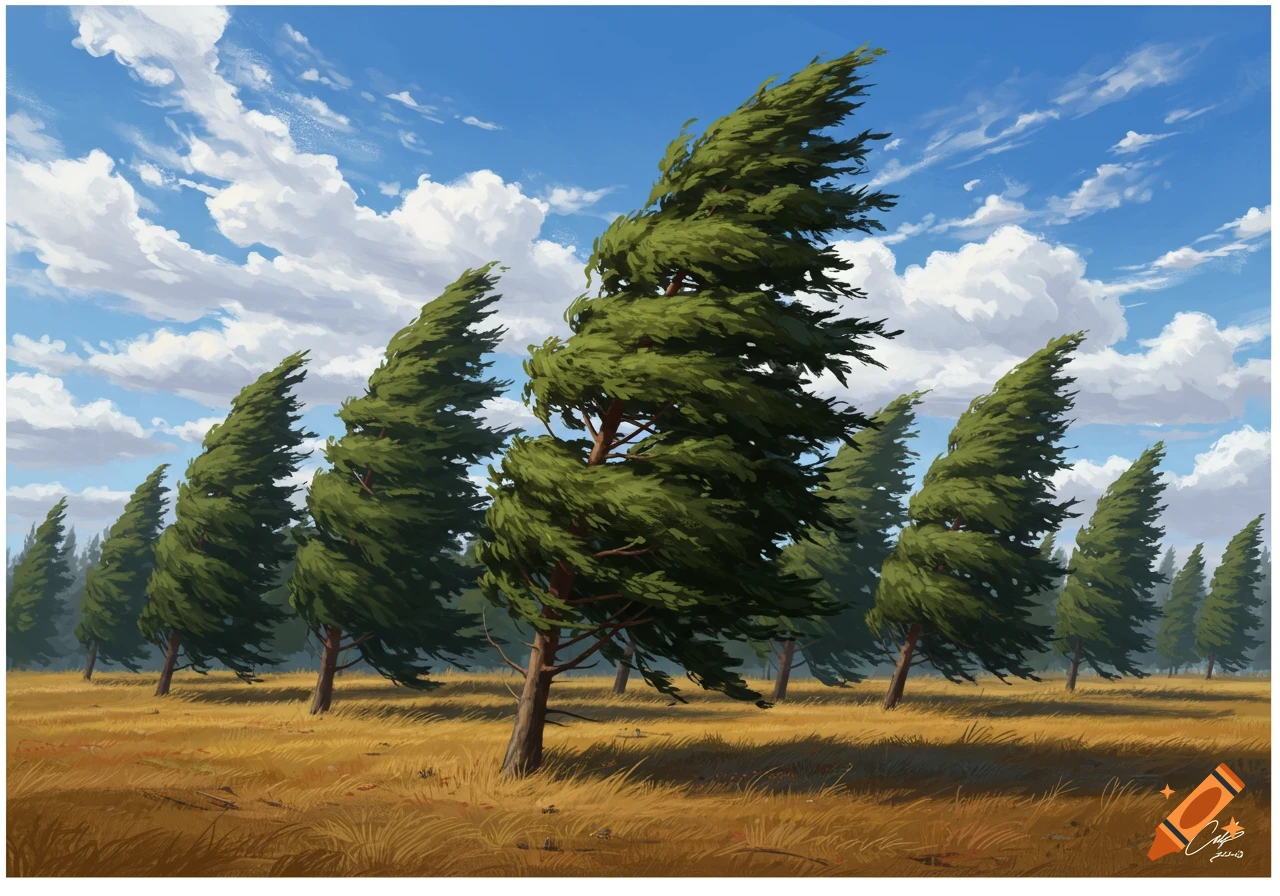Pine trees bending in strong wind across a golden field under a blue, cloudy sky, in a stylized painting.