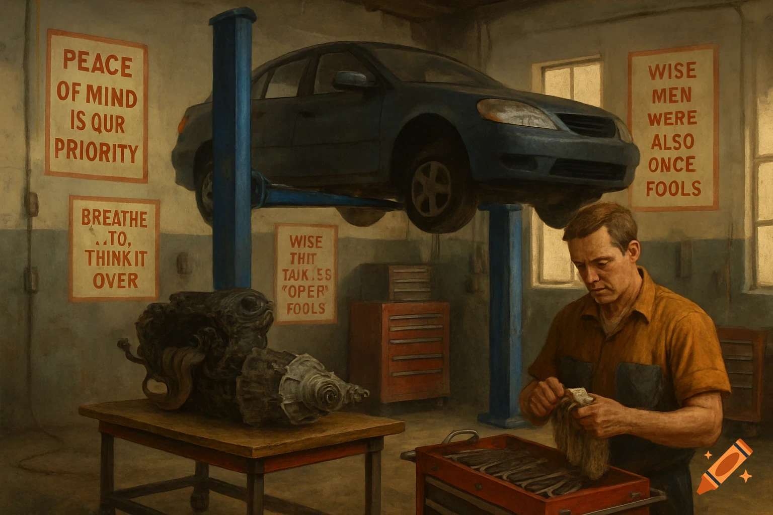 A painted scene of a mechanic working in a car repair shop with a car on a lift and an engine on a table. Various signs are on the walls.