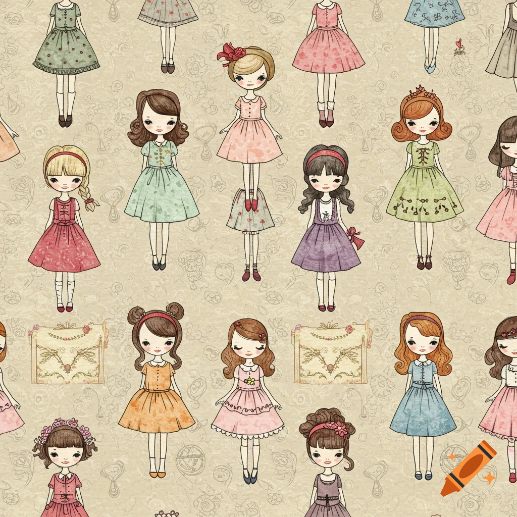 Seamless watercolor pattern featuring cute stylized girls in colorful vintage dresses on a textured background.