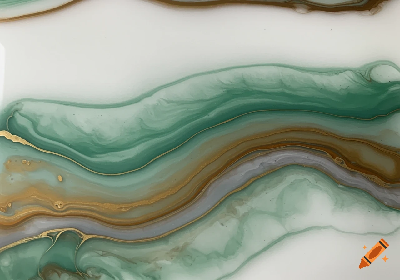 Abstract fluid art with swirling patterns of white, green, gold, brown, and gray, resembling epoxy resin.