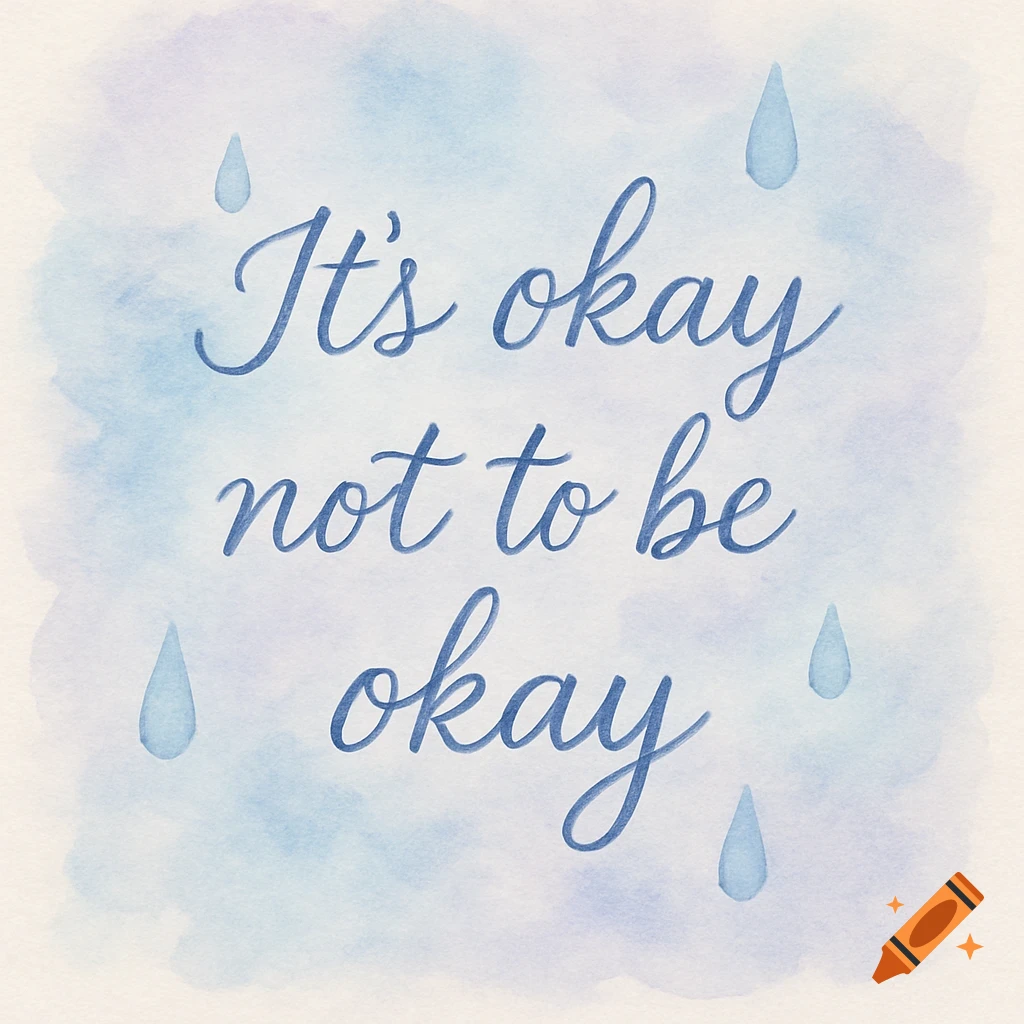A watercolor image with the quote 'It's okay not to be okay' in blue script, on a light blue and lavender background with raindrops.