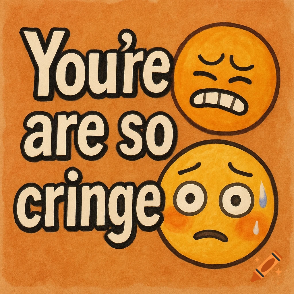 Cartoon illustration with 'You're are so cringe' text next to two orange emoji faces showing discomfort and sweat.
