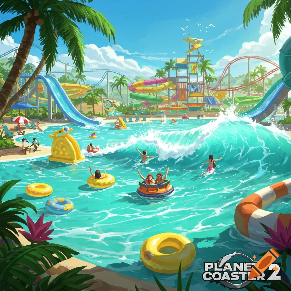 Vibrant, colorful illustration of a water park with a large wave pool, water slides, people swimming, and palm trees under a bright sky.