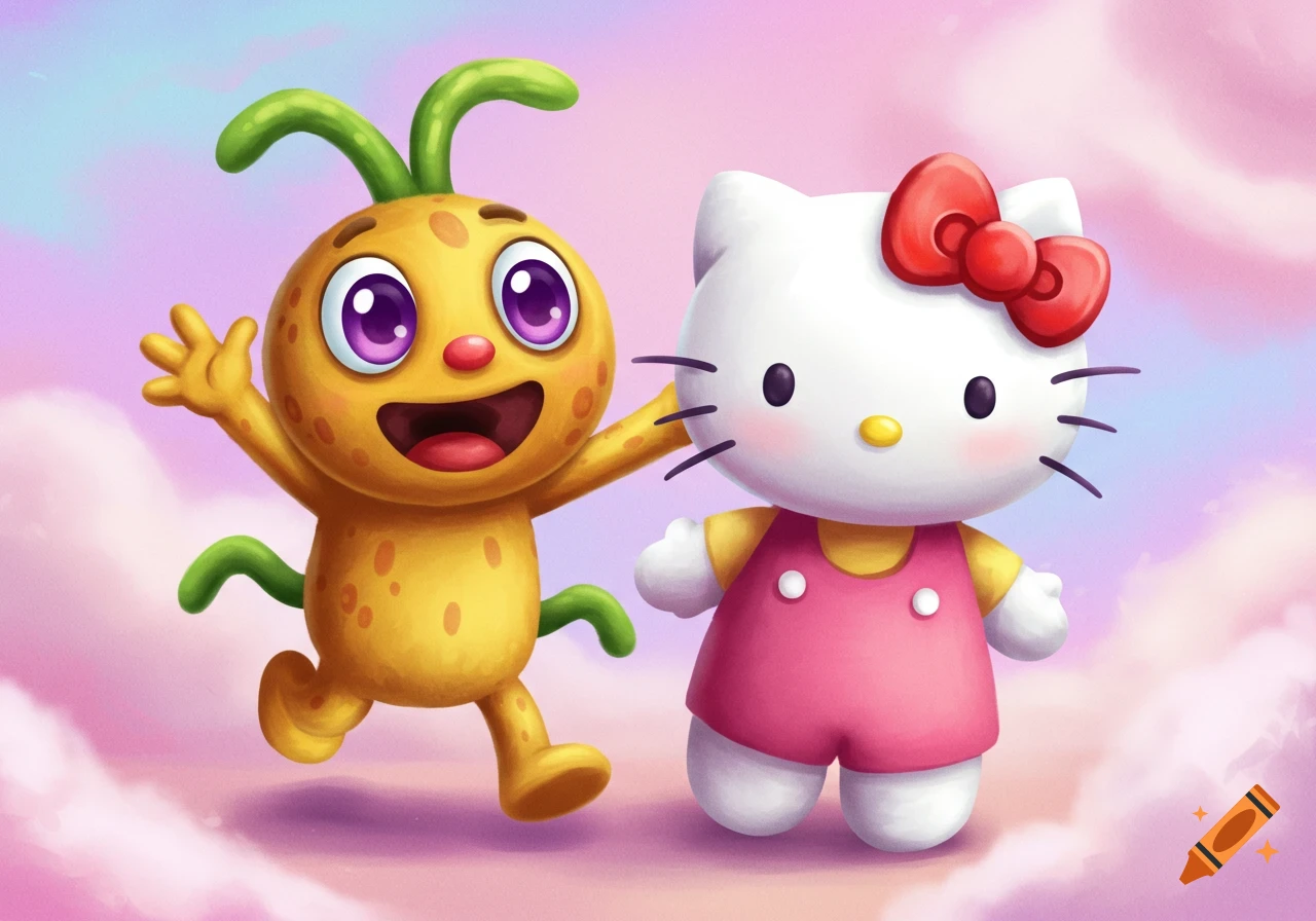 A cute yellow cartoon creature with purple eyes and green antennae stands next to Hello Kitty on a pink, cloud-like background.