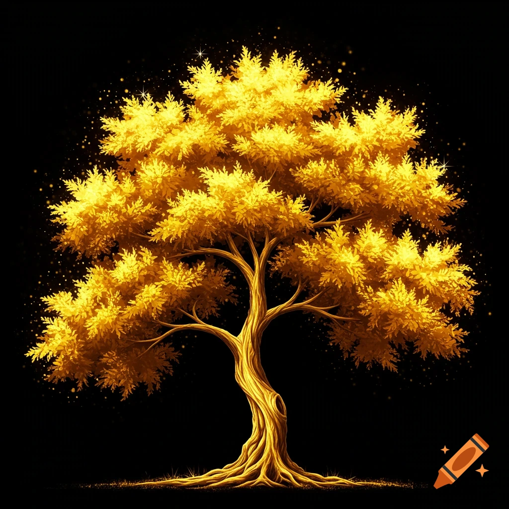 A vibrant golden tree with sparkling leaves and a detailed trunk, set against a dark background in an illustrative style.