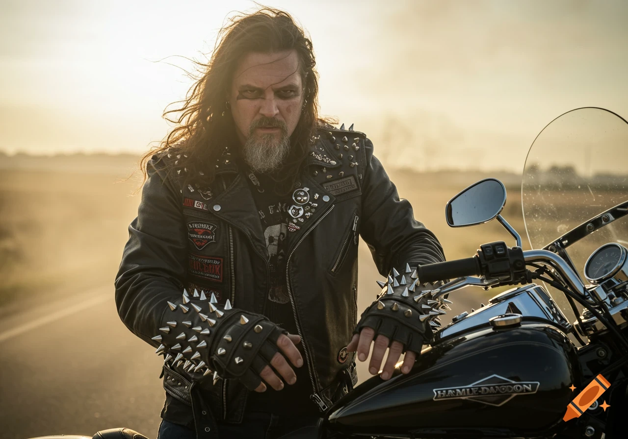 A long-haired biker with a beard and spiked leather jacket stands next to his motorcycle on a road at sunset.