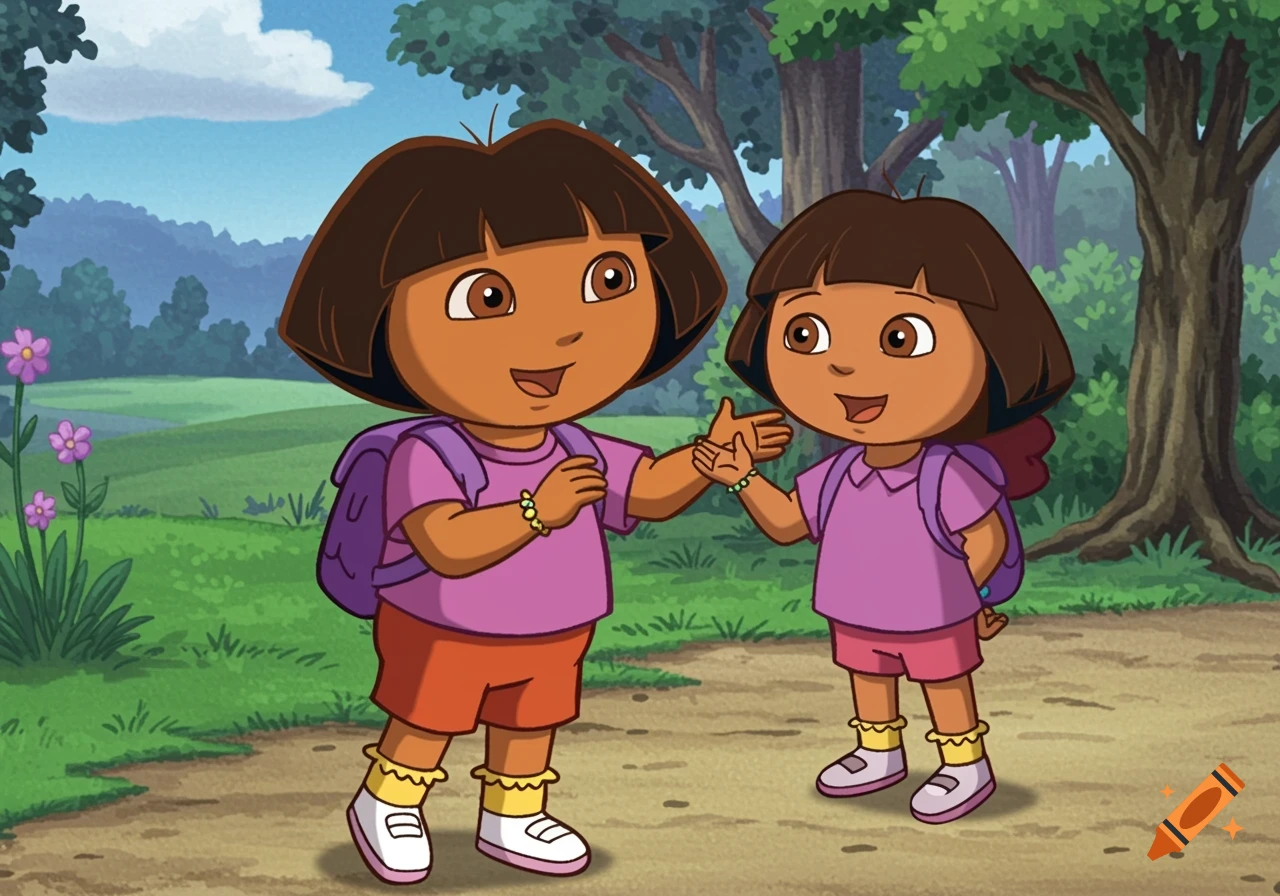 Two cartoon Dora the Explorer characters, one larger and one smaller, stand on a dirt path in a green forest.