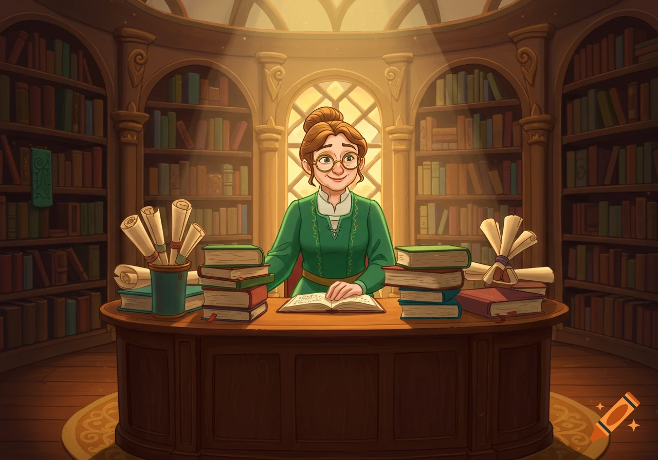 A cartoon librarian in a green dress with glasses sits at a desk, reading an open book in a cozy library.