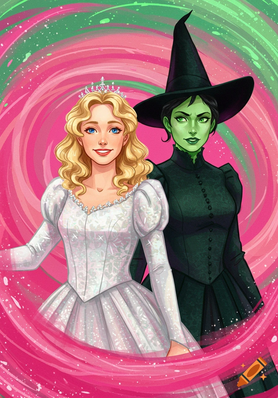 Two cartoon women, Glinda in a white dress and Elphaba in a black dress with green skin and a witch hat, stand against a pink and green swirled background in an illustration style.