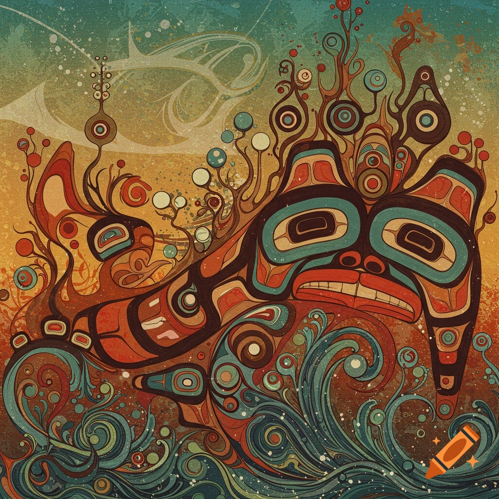 Vibrant Salish-style art with an abstract creature, swirling patterns, and plant forms in orange, teal, and brown.