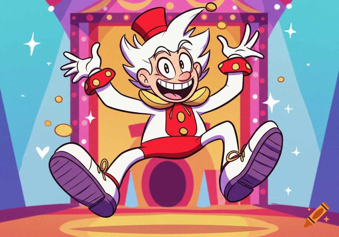 A joyful cartoon character in a red and white jester costume leaps in a vibrant circus tent with abstract shapes in the background.