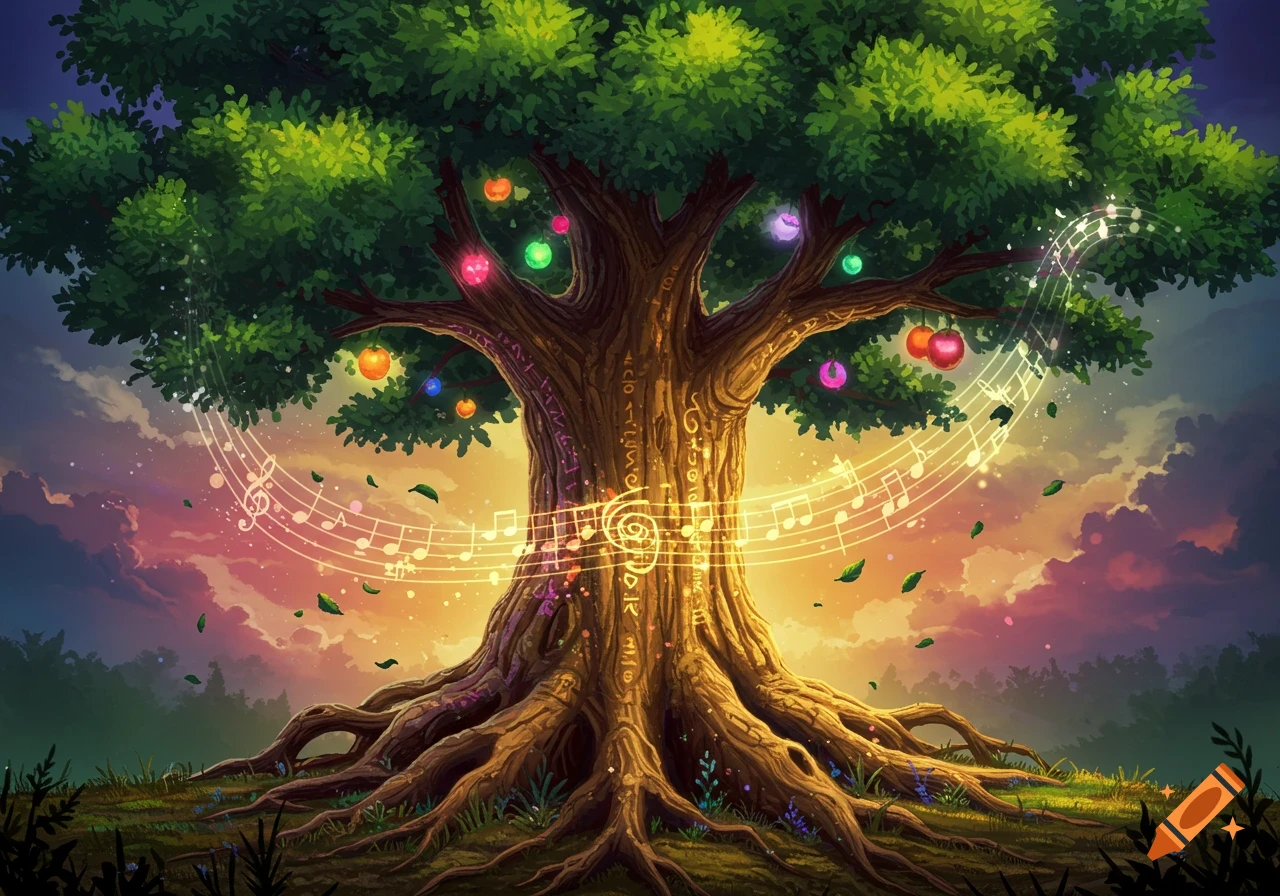 A vibrant, illustrative fantasy image of a large, ancient tree with glowing, colorful fruits and musical notes swirling around its trunk, against a colorful sunset sky.