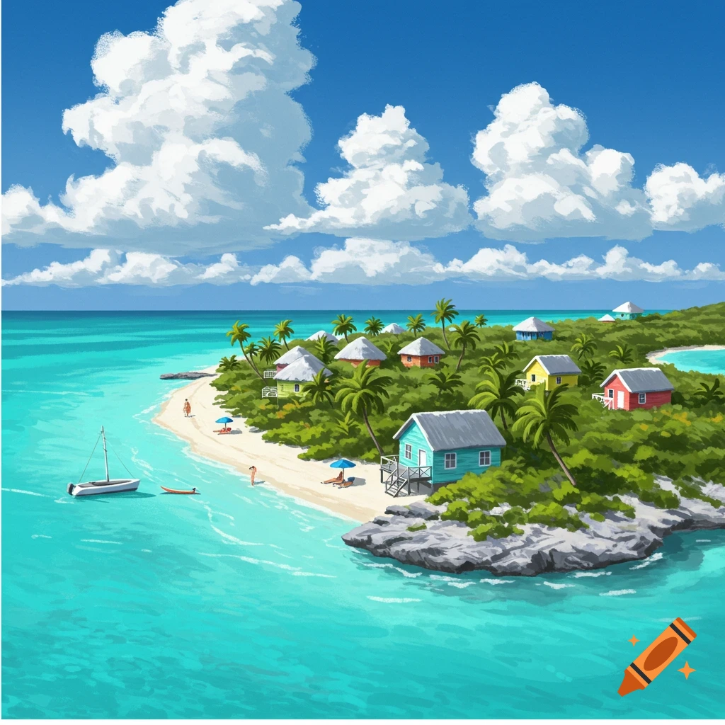 An illustration of a tropical island with colorful houses, palm trees, people on a white sand beach, and boats in turquoise water under a blue sky.