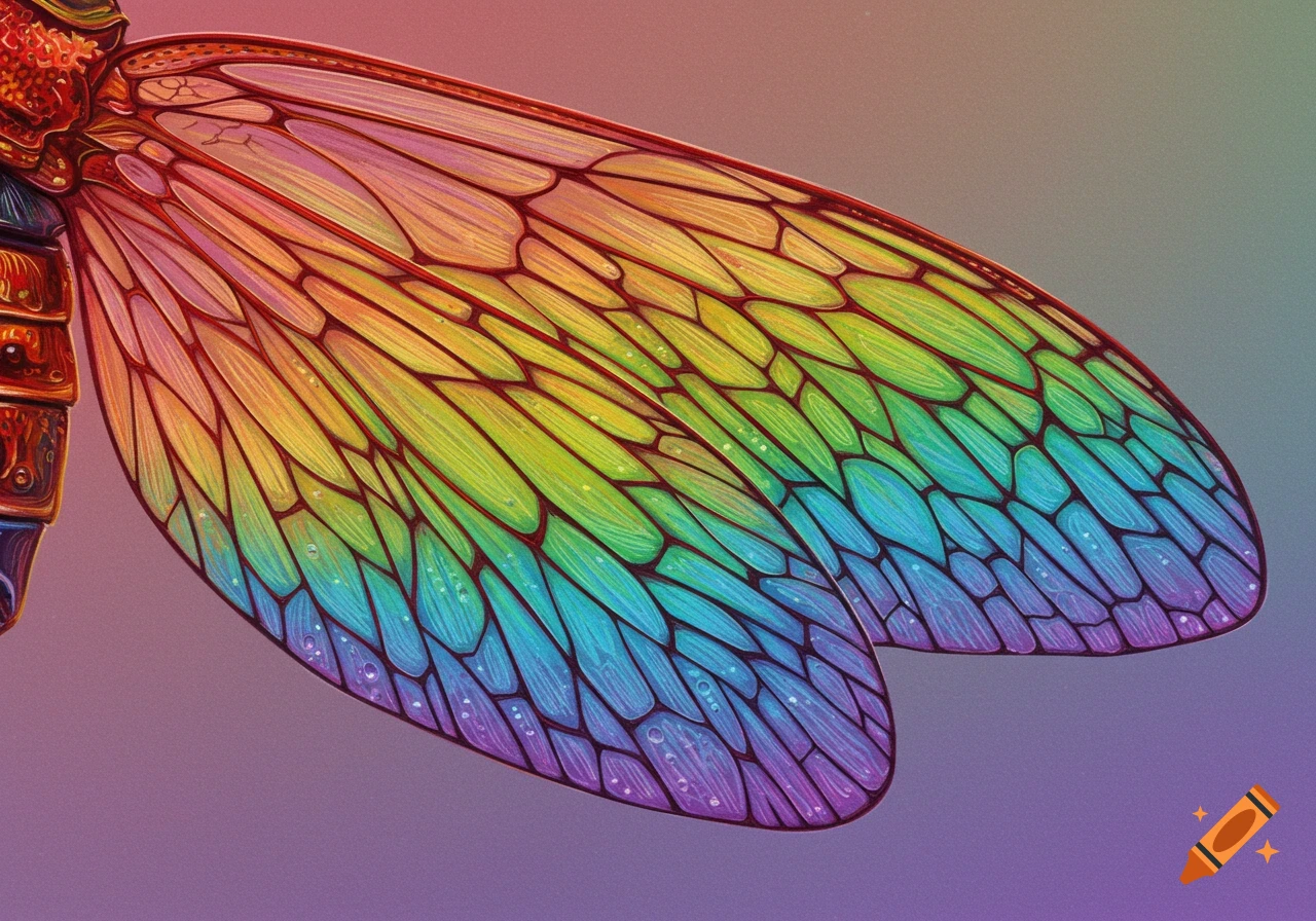 Close-up of a detailed iridescent bug wing with rainbow colors, showing intricate veins and texture.