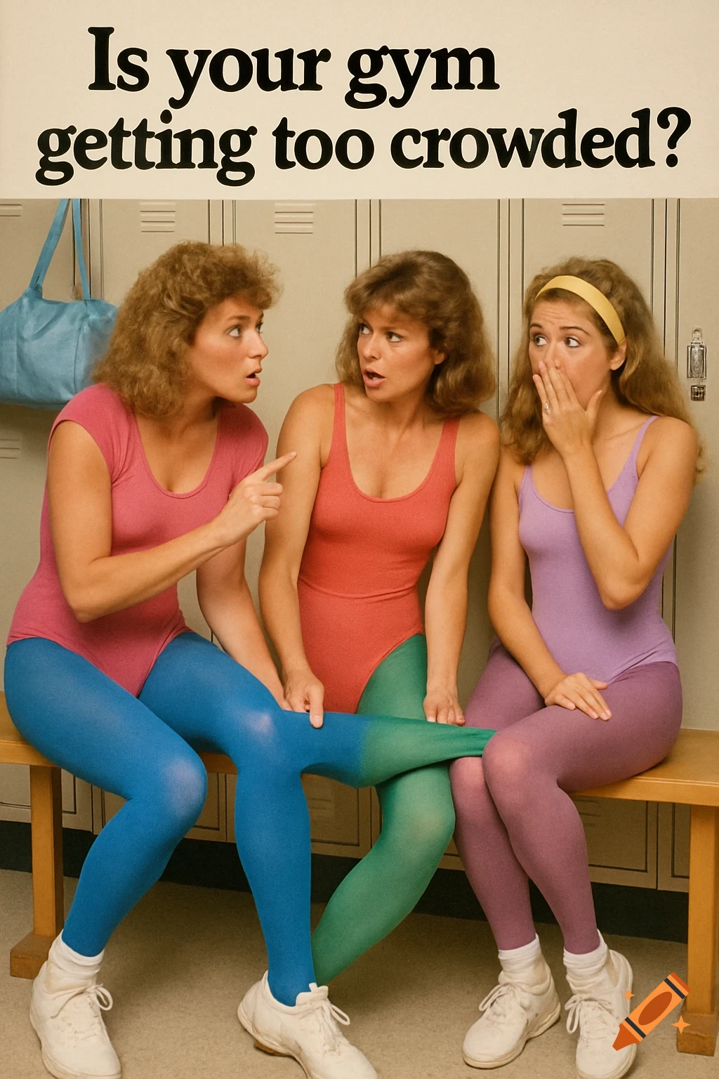 Three women in 1980s leotards and colorful tights are crowded on a locker room bench. The text reads: 'Is your gym getting too crowded?'