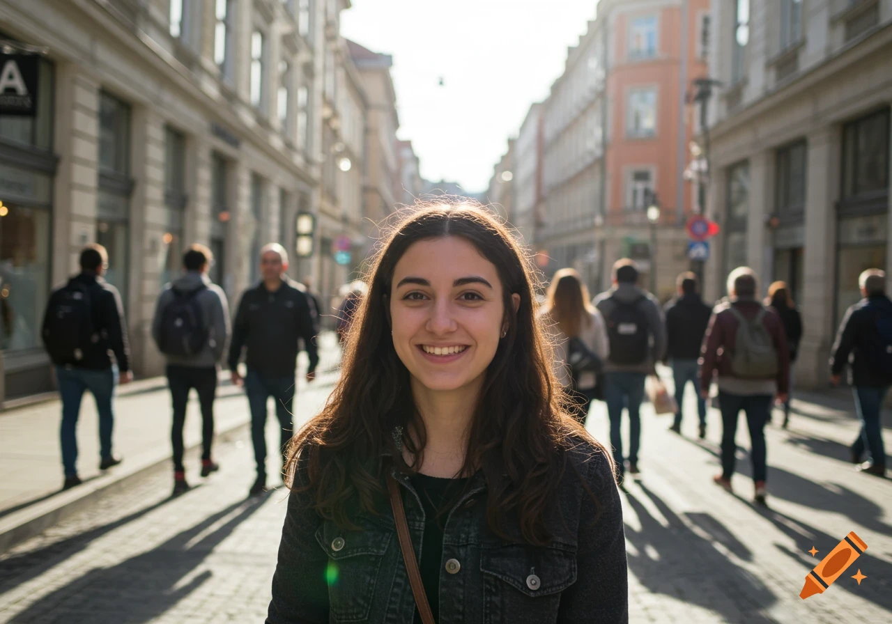 A smiling young woman with long dark hair stands in the middle of a sunny city street, with blurred pedestrians and buildings in the background.