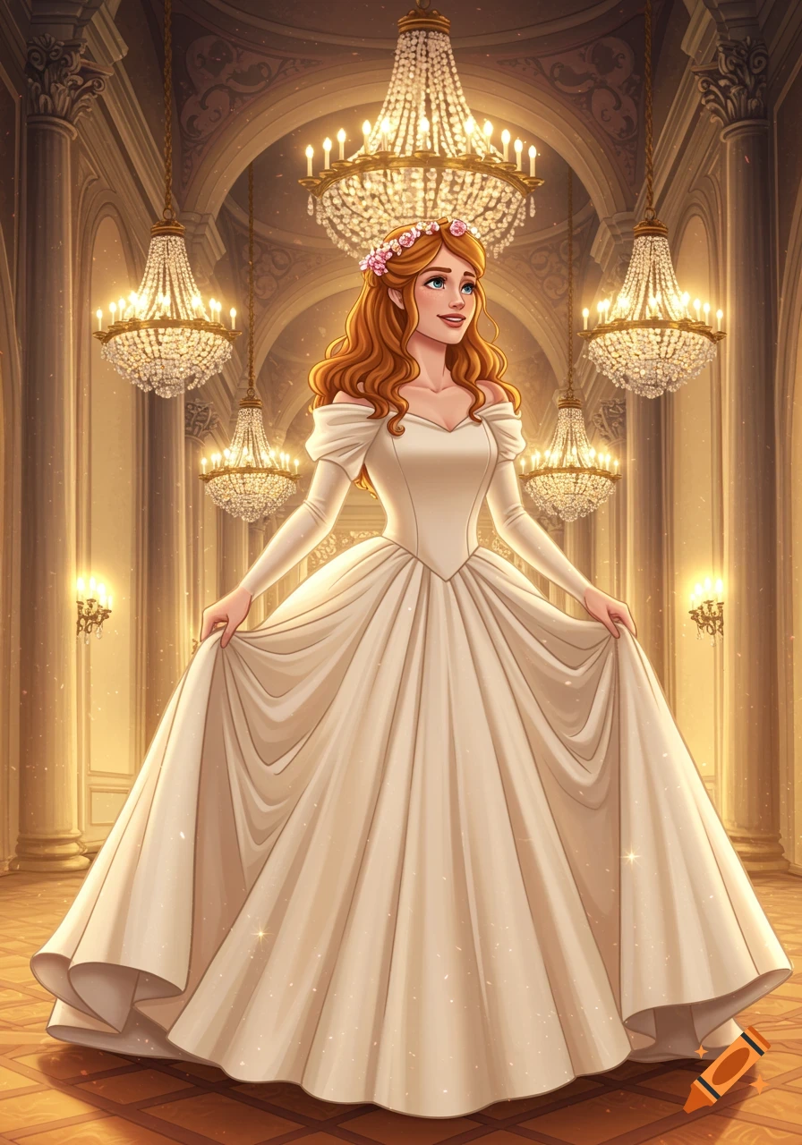 Illustrated princess with red hair in a white wedding gown in a grand ballroom with chandeliers.