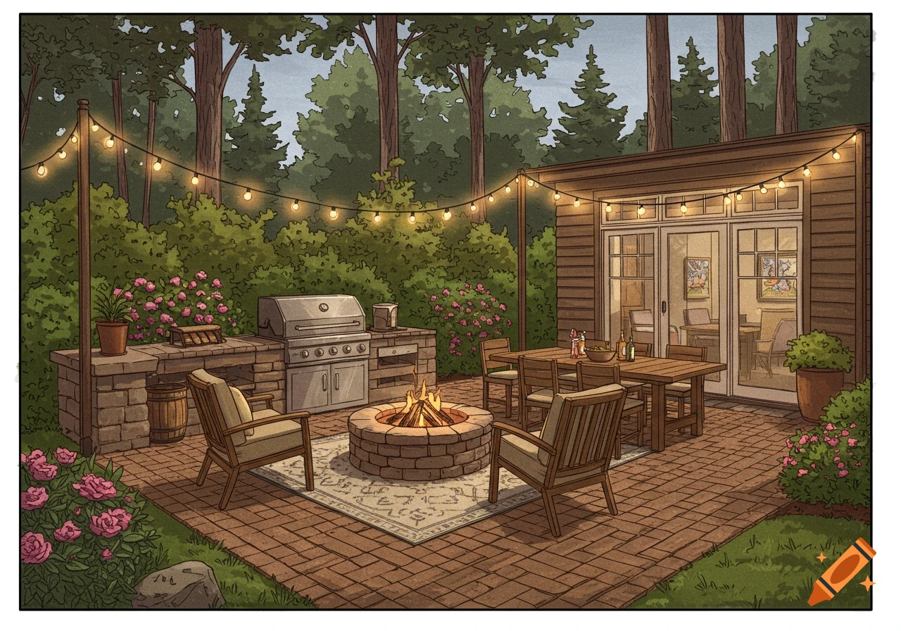 An illustrated backyard patio featuring a fire pit, BBQ area, outdoor dining table, and string lights, surrounded by lush trees and bushes.