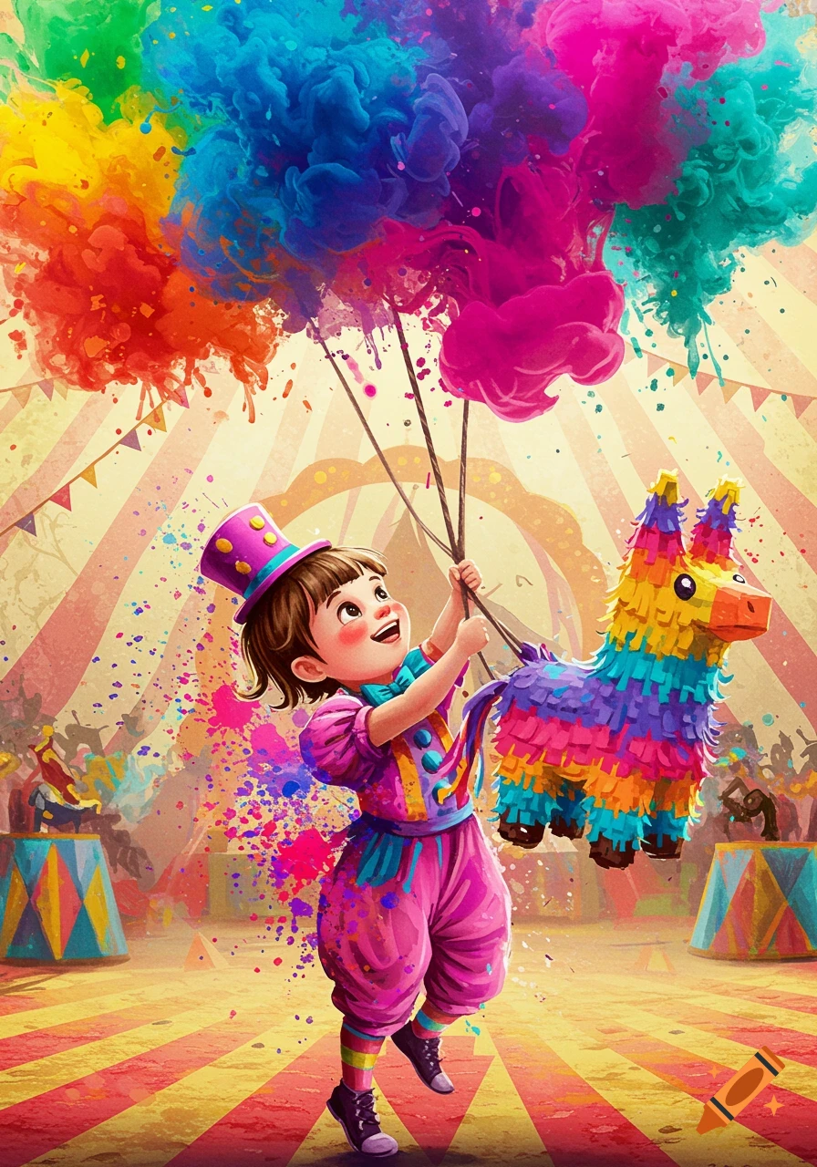 A child in a top hat and colorful circus costume holds a vibrant pinata and balloons made of ink blobs under a circus tent.