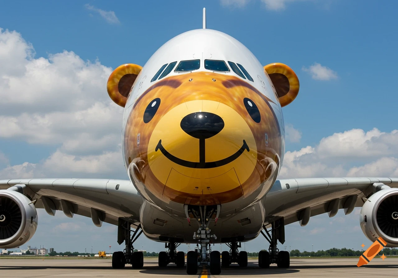 A large passenger airplane with a cartoonish brown and yellow bear face painted on its nose, parked on a tarmac.