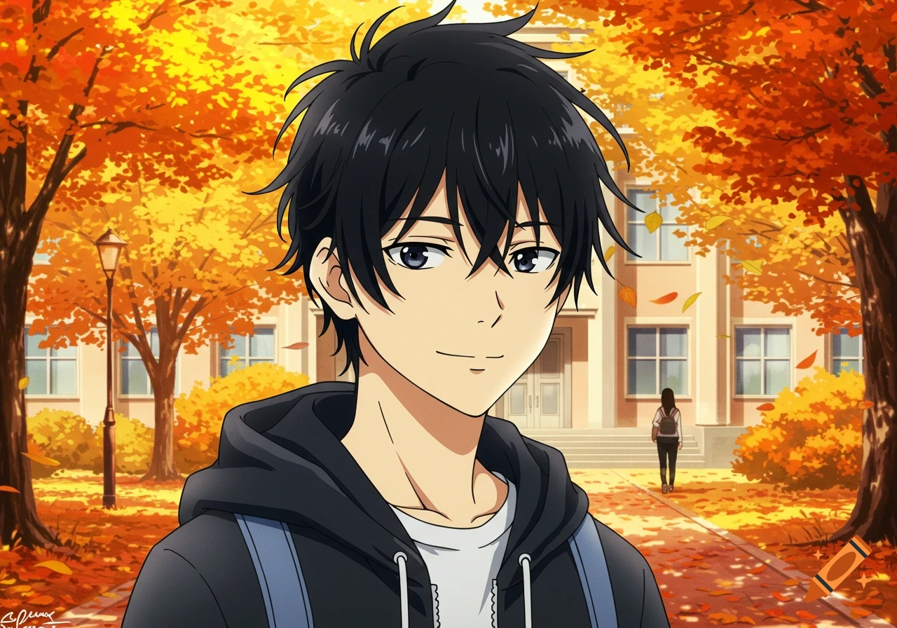 A black-haired anime boy in a black hoodie stands on a school path amidst vibrant orange and yellow autumn trees, with a building in the background.
